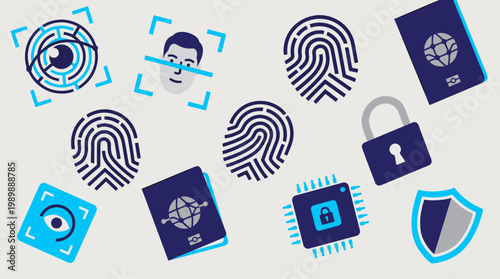 Digital security and personal data protection concepts with biometric identification and encryption icons