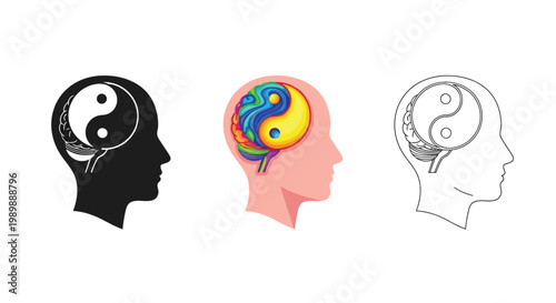 Three heads with colorful yin yang symbols representing balance and harmony in the brain
