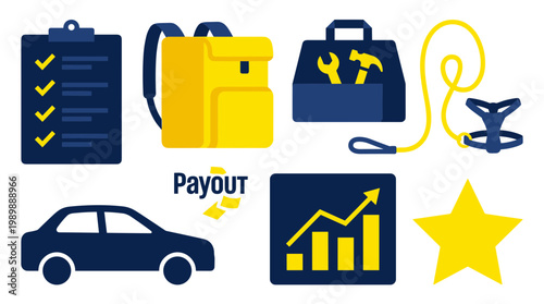Collection of icons representing business growth, car, checklist, backpack, tools, pet care, and payout concept, isolated on white background