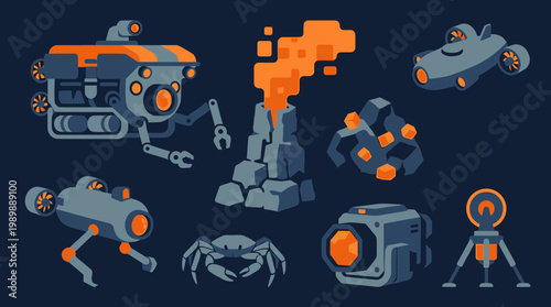 Pixel art collection of underwater exploration equipment and a volcanic eruption scene with a crab on a dark blue background