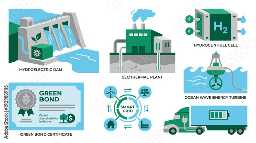 Sustainable energy sources and green finance concepts including hydroelectric dam geothermal plant hydrogen fuel cell smart grid and green bond certificate
