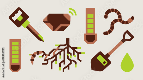 Agricultural technology icons showing soil testing equipment, plant roots, earthworms, shovel and water drop for farming and gardening innovation