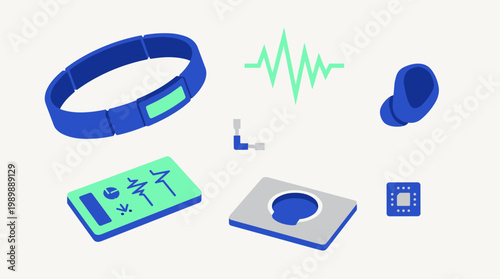 Collection of modern electronic devices and components for health monitoring and data analysis, including a wearable band, earbuds, and a microchip.