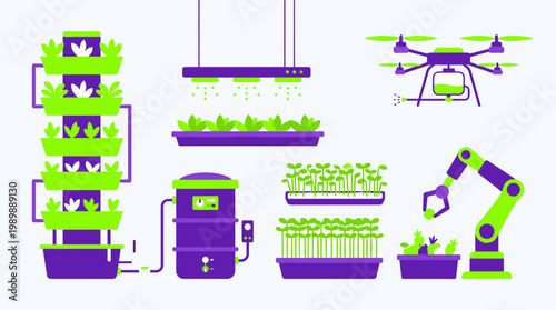 Modern agriculture technology concept with vertical farming drone robot and hydroponics systems for sustainable food production