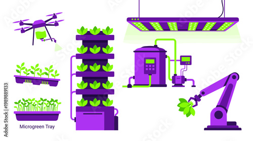 Modern vertical farming technology with drone automation robotic arm and LED lighting for sustainable agriculture innovation