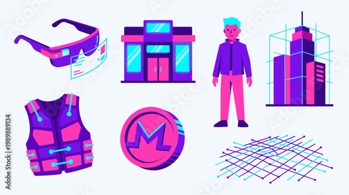 Futuristic digital assets and virtual reality concepts with modern technology and business elements including VR glasses, cryptocurrency, and city buildings