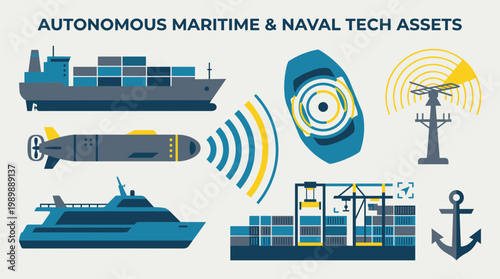 Autonomous maritime and naval technology assets including cargo ships submarines drones and port infrastructure showcasing modern shipping and defense capabilities