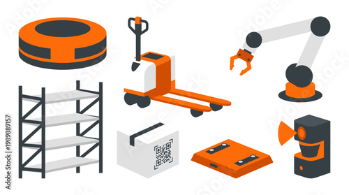 Modern warehouse automation equipment including robotic arm autonomous mobile robot pallet jack shelving unit and scanner for logistics and industry 4.0 concepts