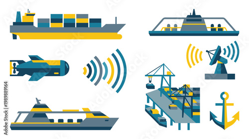 Modern maritime technology and logistics illustrated with ships, submarine, port, and communication systems for global shipping and naval operations