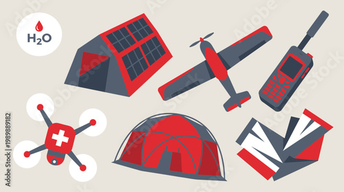 Modern emergency response equipment including drone, tents, airplane, and satellite phone for disaster relief and humanitarian aid missions