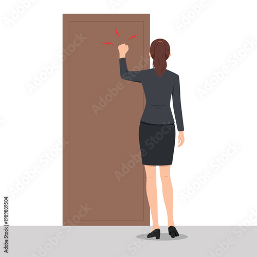 Businesswoman Knocking on Closed Door from Behind in Office Attire. Flat vector illustration isolated on white background