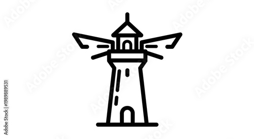 Illustration of a lighthouse with wings isolated on a plain background, in black and white.