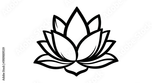 Black and white lotus flower illustration with delicate petals, isolated on a plain background.