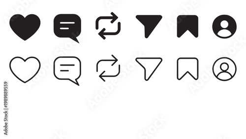 Set of Twelve Social Media Interface Vector Icons in Solid and Outline Styles