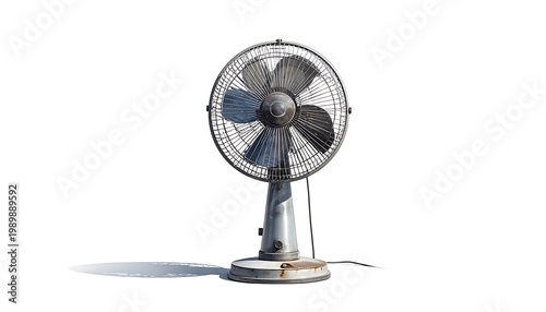A vintage, electric oscillating fan stands isolated on a white background, its blades partially visible through the protective cage. It casts a shadow