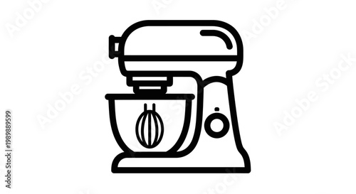 Minimalist outline illustration of a stand mixer with a bowl. Clean, modern design emphasizes functionality and simplicity.