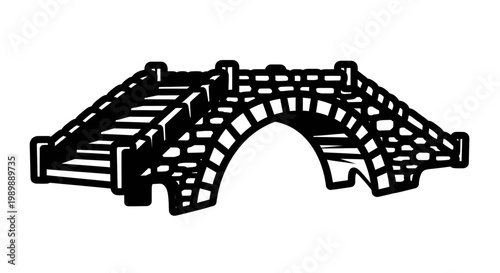 Minimalist black-and-white bridge illustration with intricate railing details on a white background.