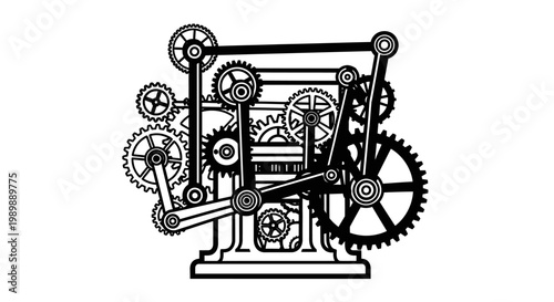 Black and white illustration of a mechanical film projector with gears and film reels, highlighting vintage cinema equipment.