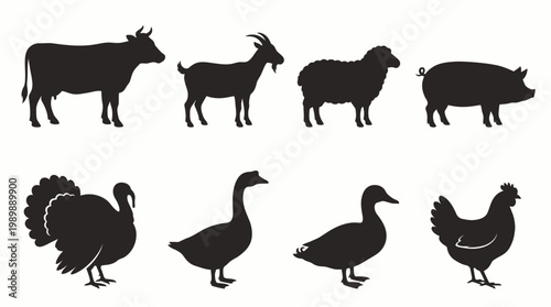 Farm Animal Silhouettes - Complete Collection of Cow, Goat, Sheep, Pig, Turkey, Duck, and Chicken