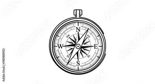 Close-up of a vintage pocket compass with intricate details pointing north surrounded by white space.