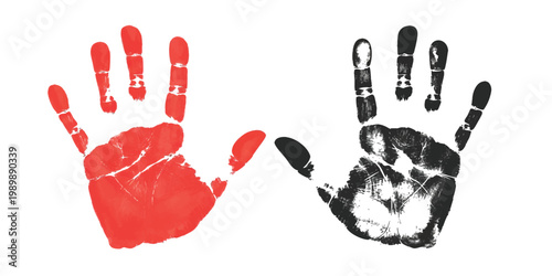 Картината върху платно A striking red handprint placed next to a textured black handprint illustrates human presence and contrast on a pristine white background