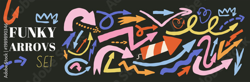 Flat funky arrow element, heart crown. Hand drawn doodle sketch style circle arrow, spiral, swirl, wavy, grunge element set.