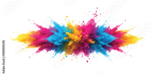 Colorful powder explosion with vibrant magenta blue and yellow clouds isolated on white background.