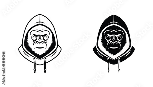 Fierce gorilla head mascot in hoodie for e-sports team logo and urban streetwear apparel design with strong vector lines