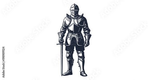 A vintage illustration of a knight in full armor holding a sword silhouette