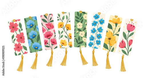 A collection of eight vibrant floral bookmarks featuring intricate botanical patterns and elegant golden tassels rests gracefully against a pristine white backdrop.