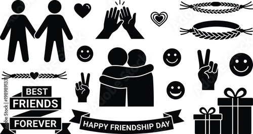 Friendship day icons with people gifts and symbols on white background
