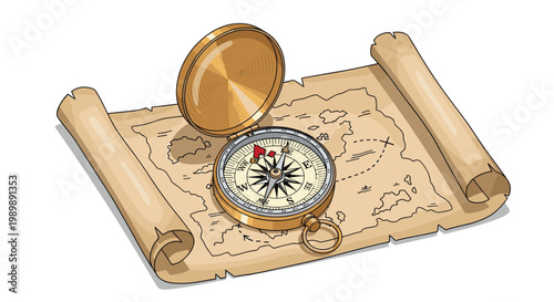 A gleaming golden brass compass with its lid open rests upon a weathered parchment treasure map depicting a mysterious island and a dotted trail.