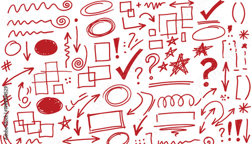 Collection of red hand drawn symbols icons and gestures on white background for design