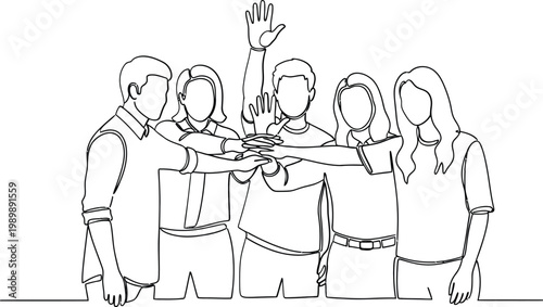 Diverse group of people stacking hands in unity and teamwork with one hand raised high