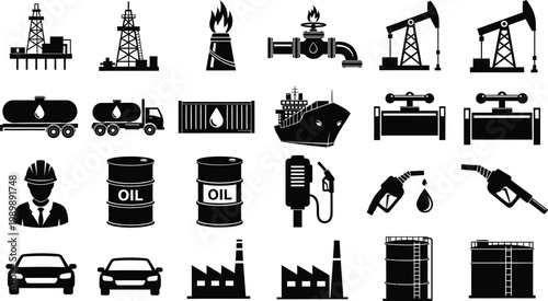 Oil industry icons set including drilling refining and transportation symbols
