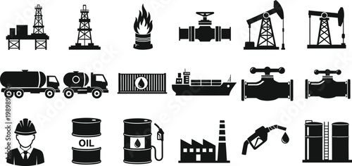 Black icons of oil industry equipment and symbols on white background