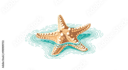 A detailed tan starfish is partially submerged in crystal clear turquoise water with delicate concentric ripples spreading across the calm surface area.