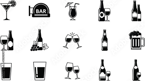 Black icons of wine beer and cocktail glasses with bottles and bar signs on white