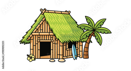 A vibrant tropical beach hut made of bamboo poles features a bright green thatched roof and stands next to a tall palm tree and a surfboard.