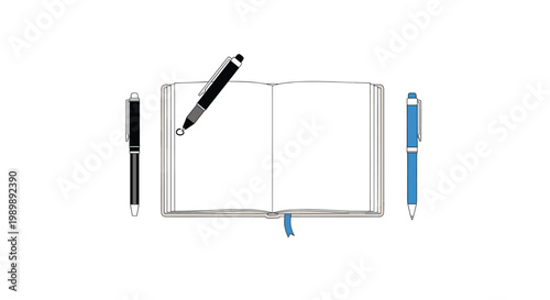 A pristine open notebook with blank white pages sits symmetrically between two upright pens while a third black pen rests diagonally on the paper.