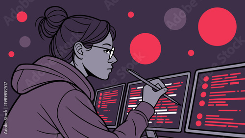 A female programmer working on multiple computer screens with code and data visualization in a modern workspace