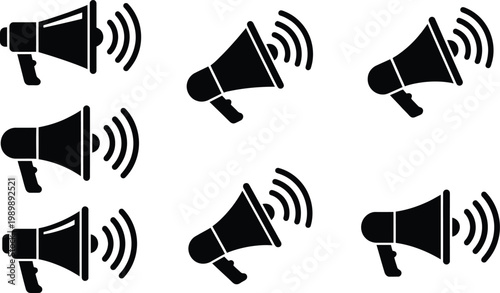 Black megaphone icons with sound waves on white background for communication and announcement