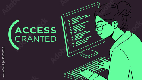 A woman with access granted on her computer screen in a vector graphic illustration