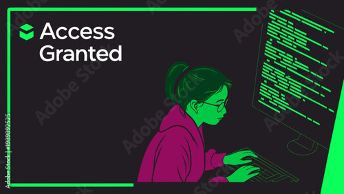 A woman with access granted is working on a computer with code on the screen