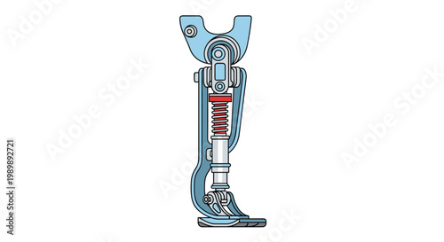 A detailed mechanical prosthetic leg design showcases a robust red shock-absorbing spring integrated into a light blue metallic frame for mobility aid.
