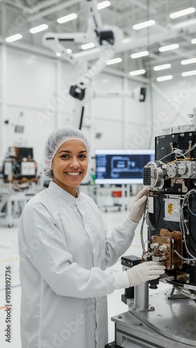 Smiling female engineer in cleanroom suit working on high-tech machinery. Vertical portrait of woman scientist in modern aerospace laboratory. Women in STEM and industrial innovation concept