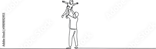 Father lifting child in continuous line drawing daughter