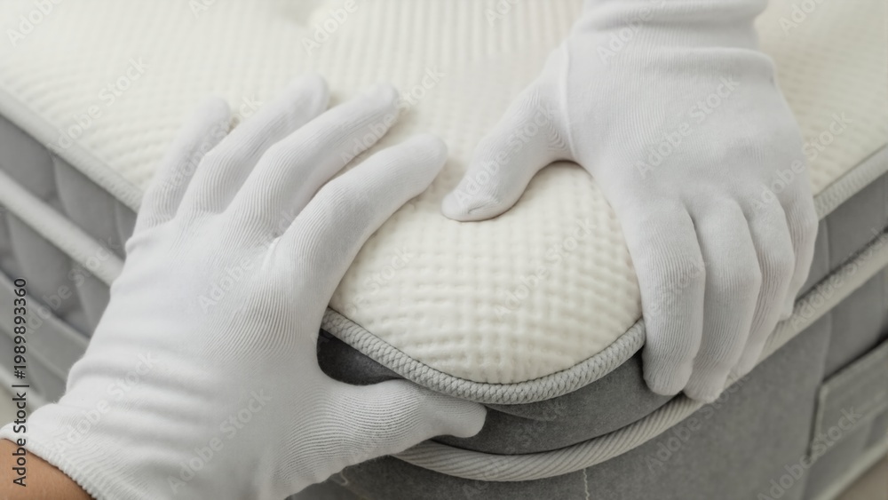 Obraz premium Hands in white gloves testing quality of new mattress. Close-up of orthopedic bedding inspection. Checking comfort and soft fabric material
