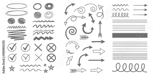 Hand drawn doodle elements set with arrows lines circles and checkmarks vector