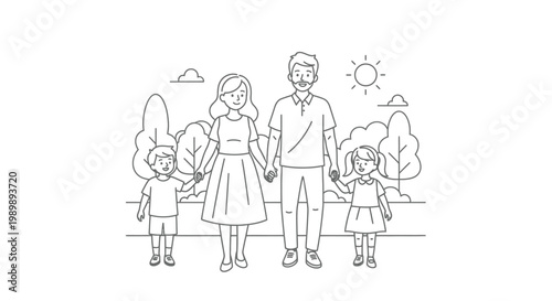 Line art illustration of a happy family holding hands together.